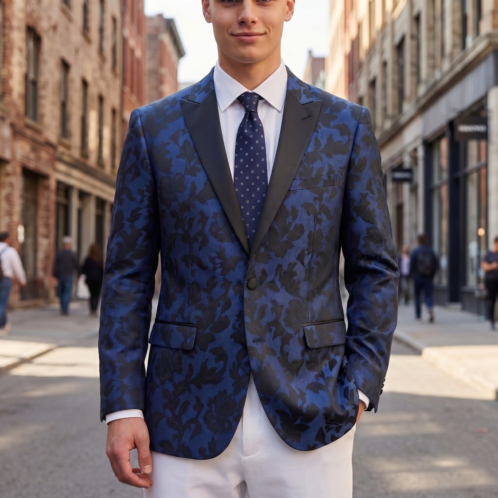 Savile Row Company Mens 42R Navy Blue Floral Damask Satin‎ Peak Lapel Blazer